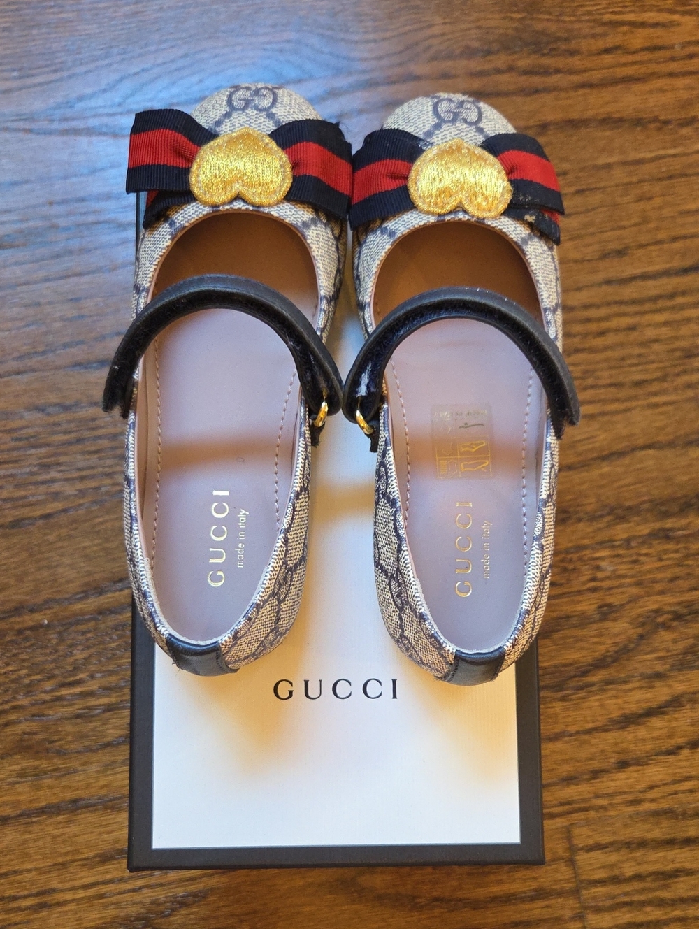 Gucci Beige GG Supreme Mary Jane with Gold Heart and Red-Blue Bow